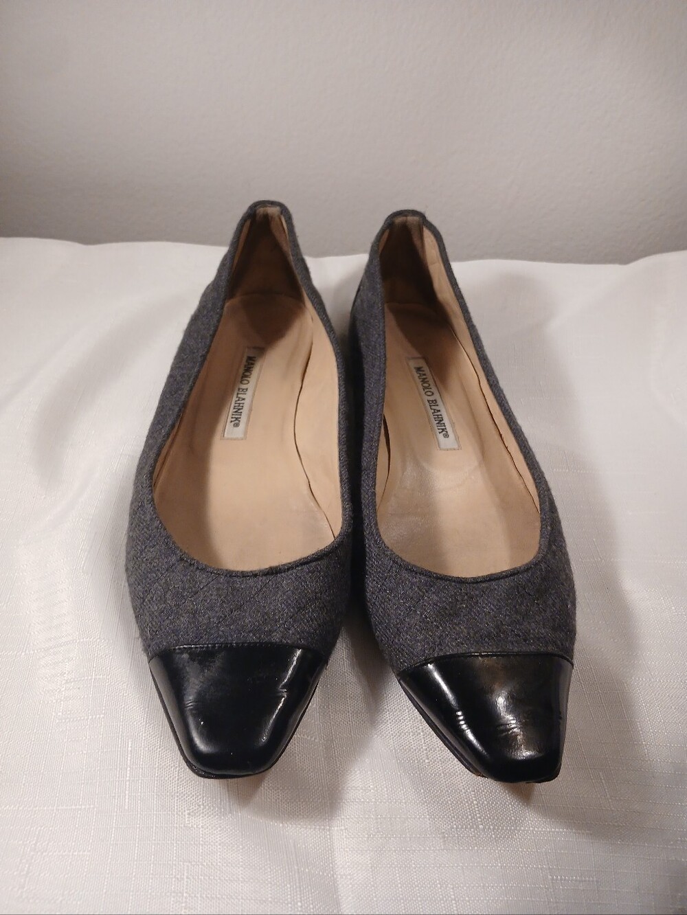 Manolo Blahnik Gray Fabric Flats with Black Patent Toe
